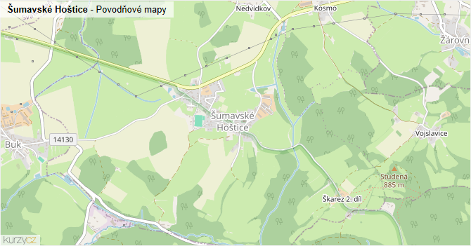 Šumavské Hoštice - záplavové mapy stoleté vody