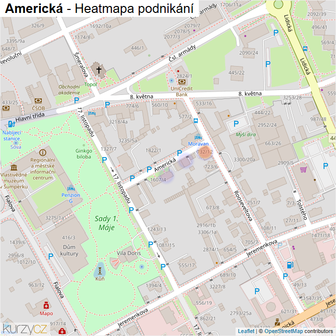 Mapa Americká - Firmy v ulici.