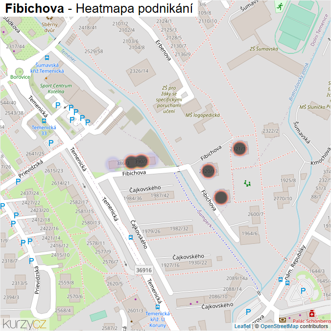 Mapa Fibichova - Firmy v ulici.