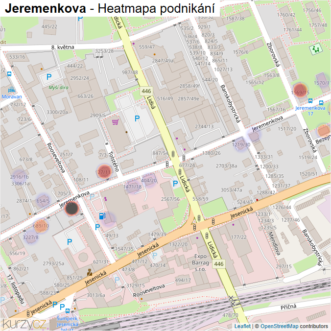 Mapa Jeremenkova - Firmy v ulici.