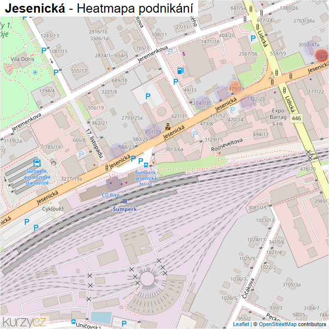 Mapa Jesenická - Firmy v ulici.