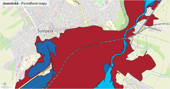 Jesenická - záplavové mapy stoleté vody