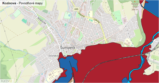 Kozinova - záplavové mapy stoleté vody