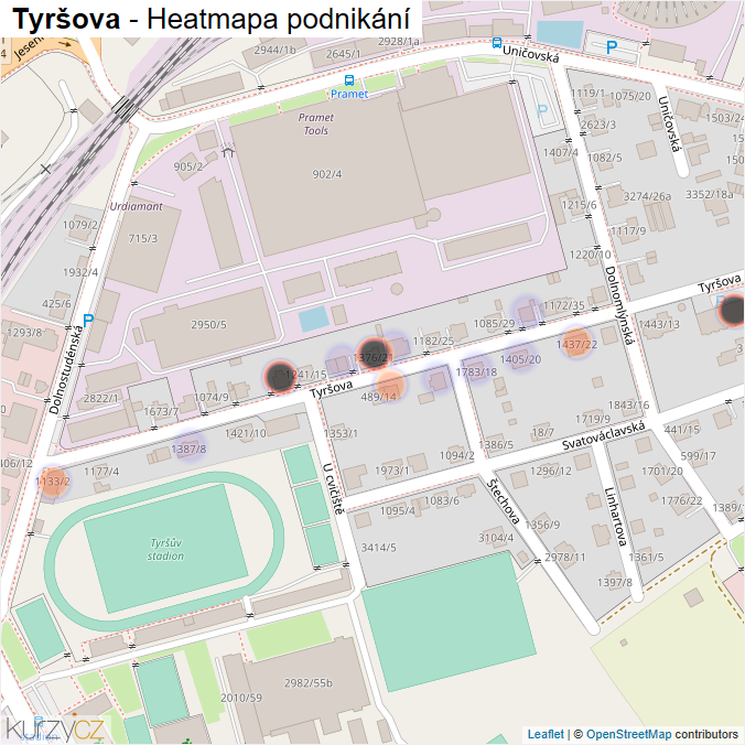 Mapa Tyršova - Firmy v ulici.