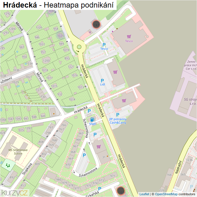 Mapa Hrádecká - Firmy v ulici.