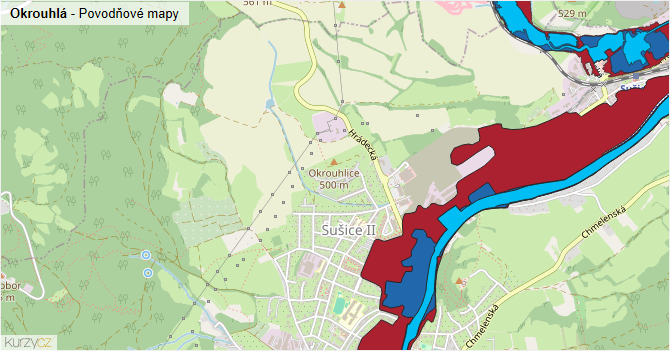 Okrouhlá - záplavové mapy stoleté vody