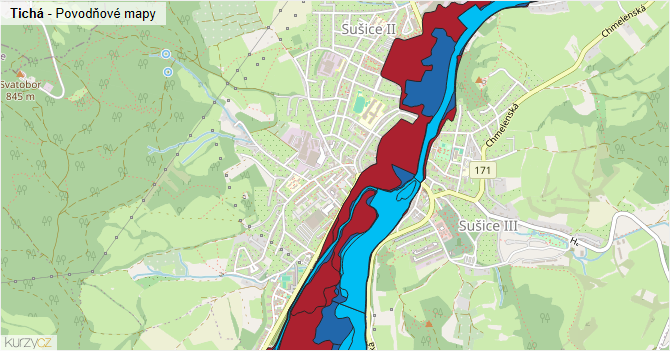 Tichá - záplavové mapy stoleté vody