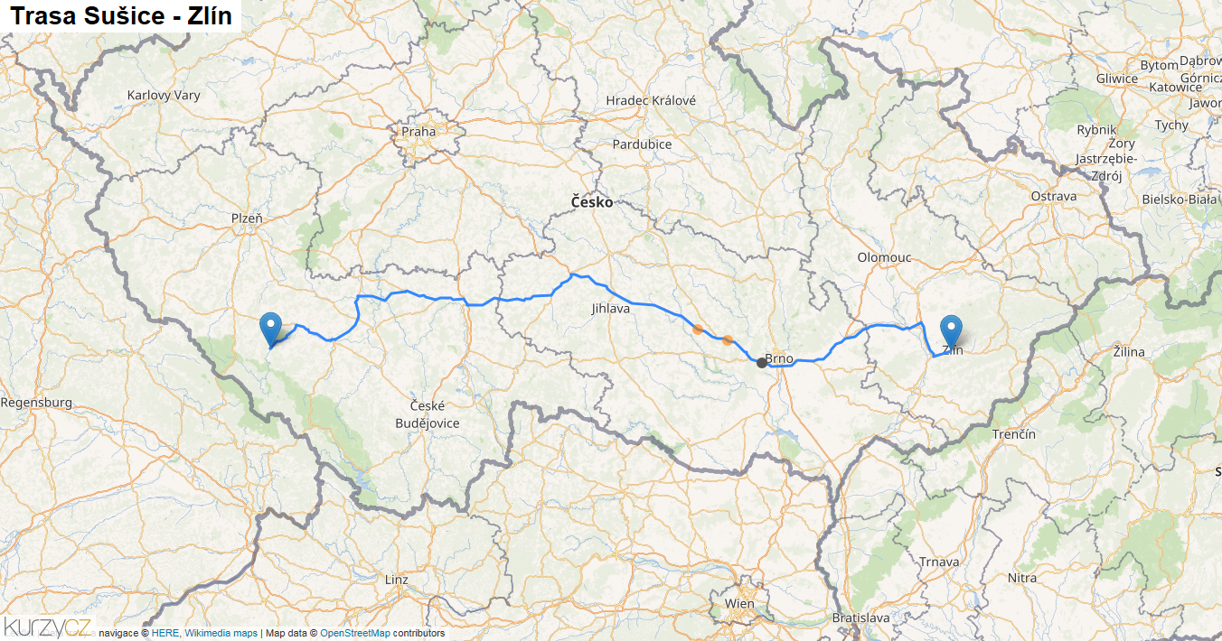 Sušice-Zlín, mapa trasy