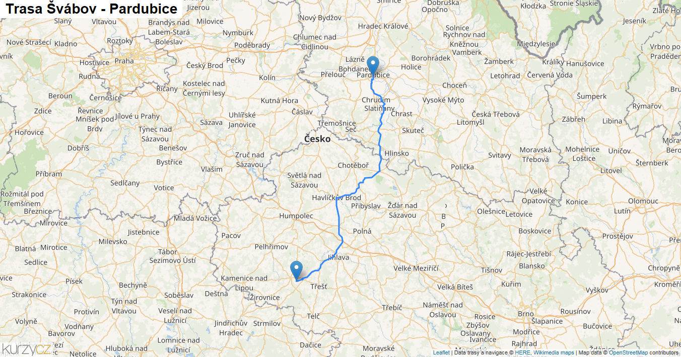 Švábov-Pardubice, mapa trasy