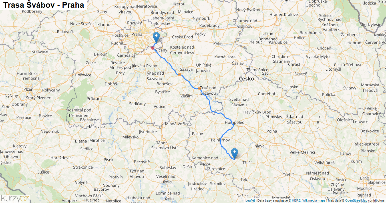 Švábov-Praha, mapa trasy