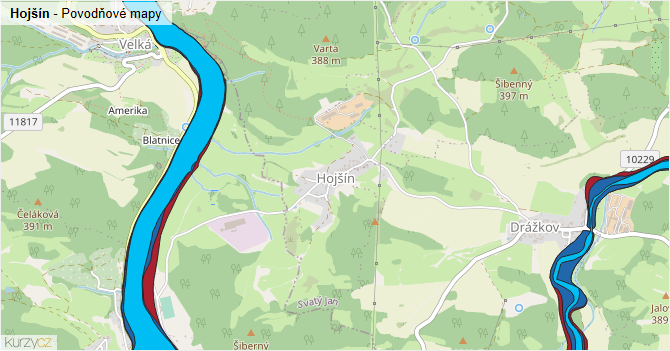 Hojšín - záplavové mapy stoleté vody