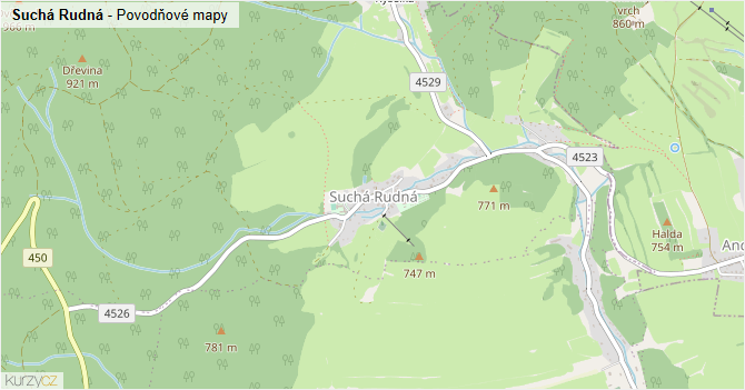 Suchá Rudná - záplavové mapy stoleté vody