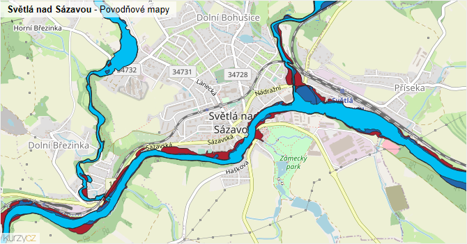 Světlá nad Sázavou - záplavové mapy stoleté vody