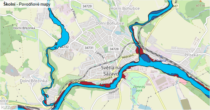 Školní - záplavové mapy stoleté vody