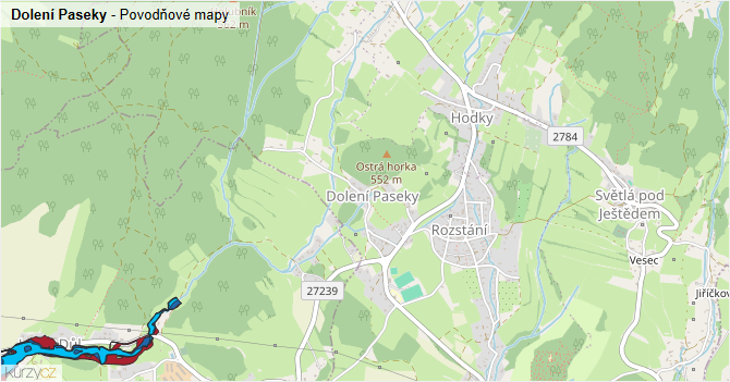 Dolení Paseky - záplavové mapy stoleté vody
