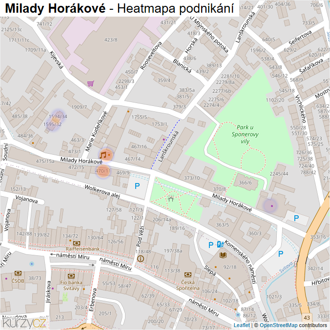 Mapa Milady Horákové - Firmy v ulici.