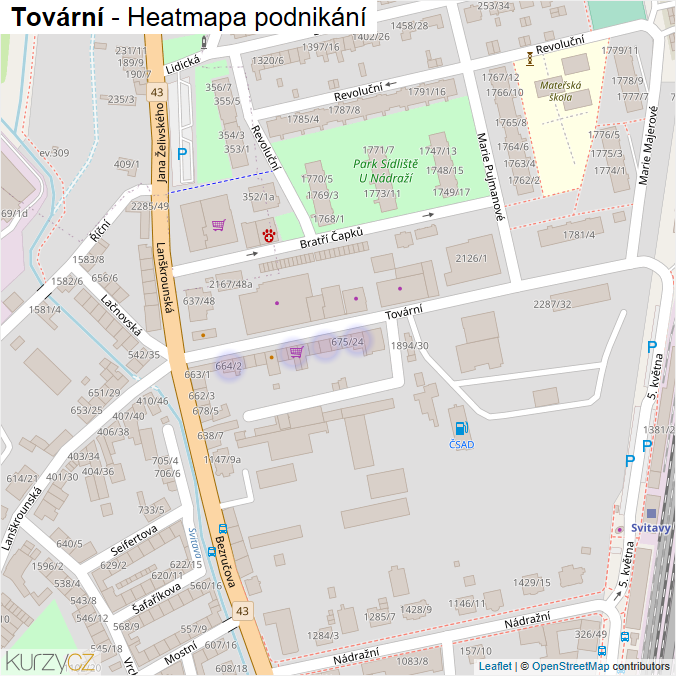Mapa Tovární - Firmy v ulici.
