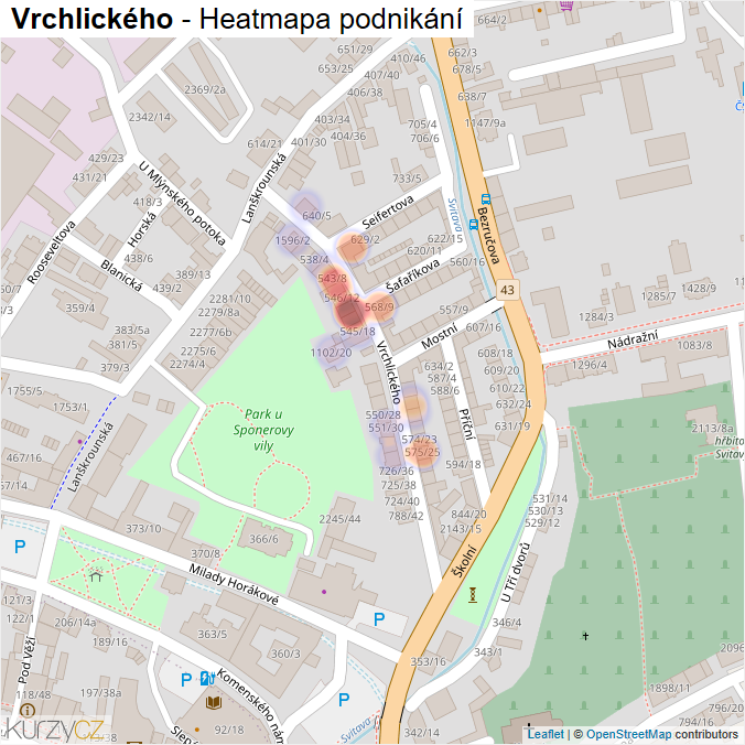 Mapa Vrchlického - Firmy v ulici.