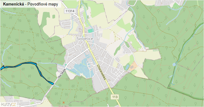 Kamenická - záplavové mapy stoleté vody