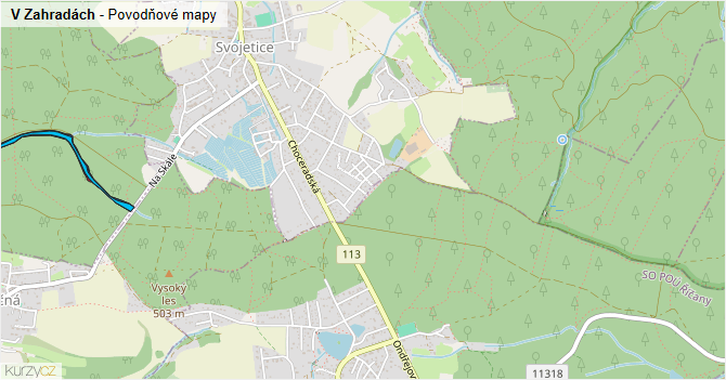 V Zahradách - záplavové mapy stoleté vody