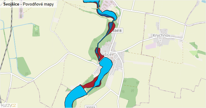 Svojšice - záplavové mapy stoleté vody