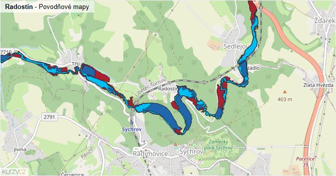 Radostín - záplavové mapy stoleté vody
