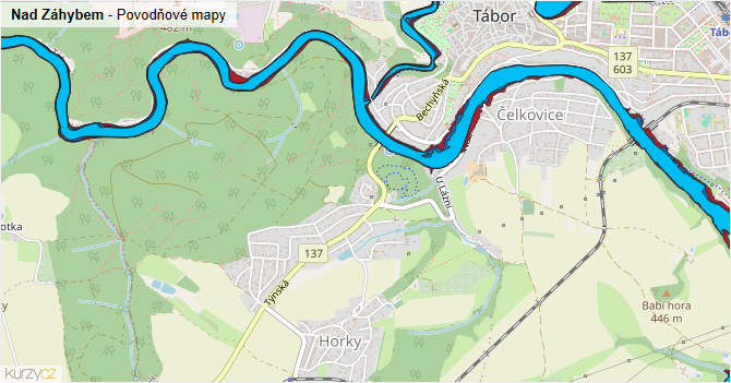 Nad Záhybem - záplavové mapy stoleté vody