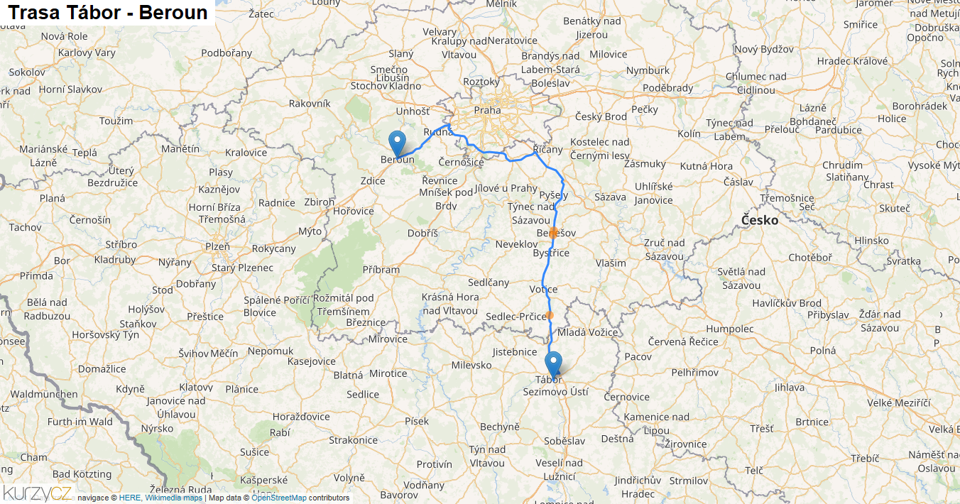 Tábor-Beroun, mapa trasy