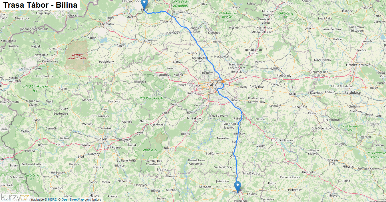 Tábor-Bílina, mapa trasy