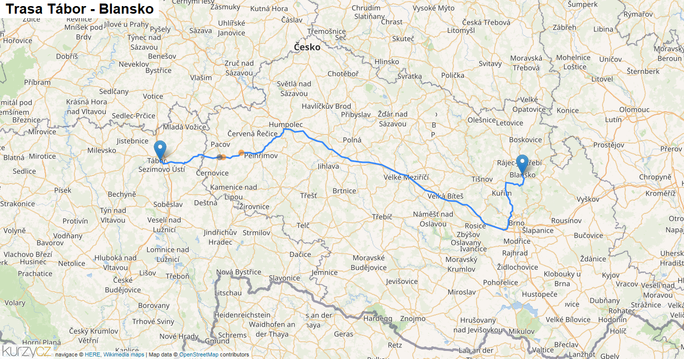 Tábor-Blansko, mapa trasy