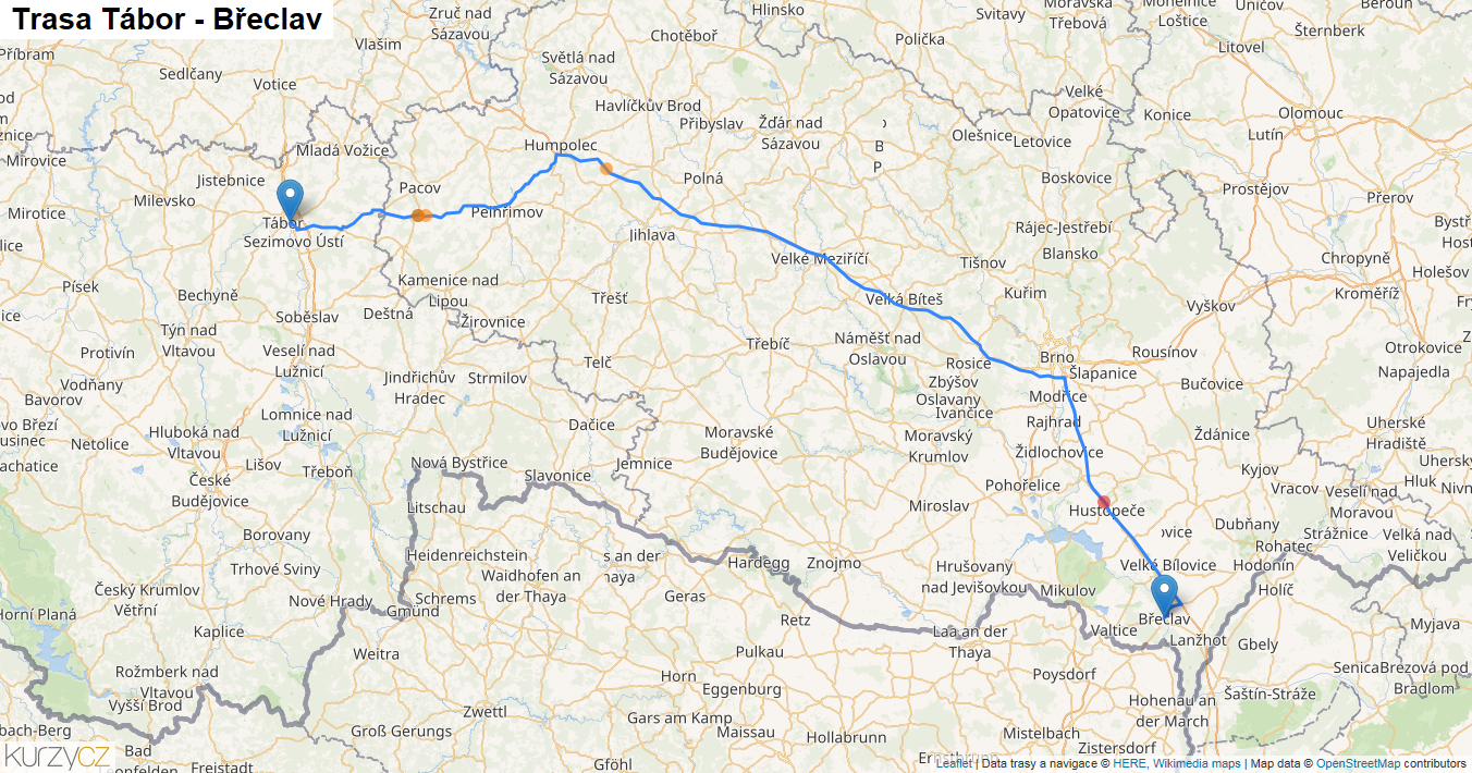 Tábor-Břeclav, mapa trasy