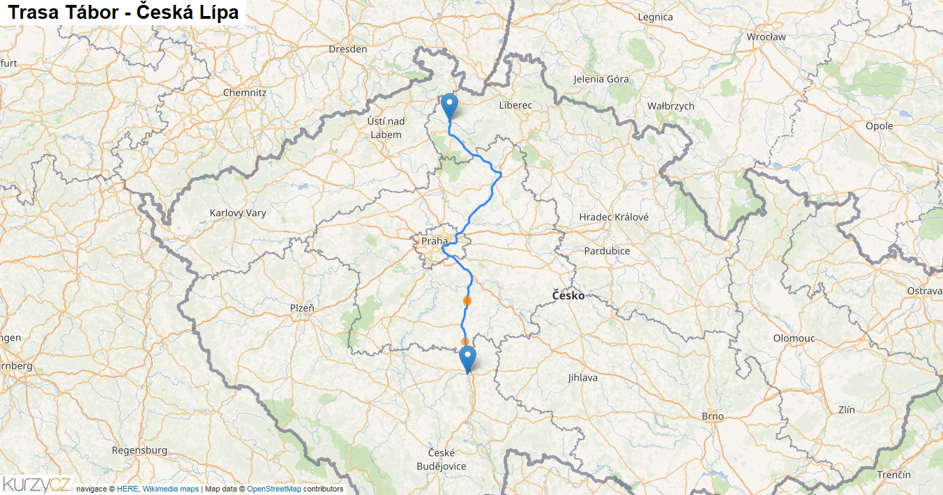 Tábor-Česká Lípa, mapa trasy