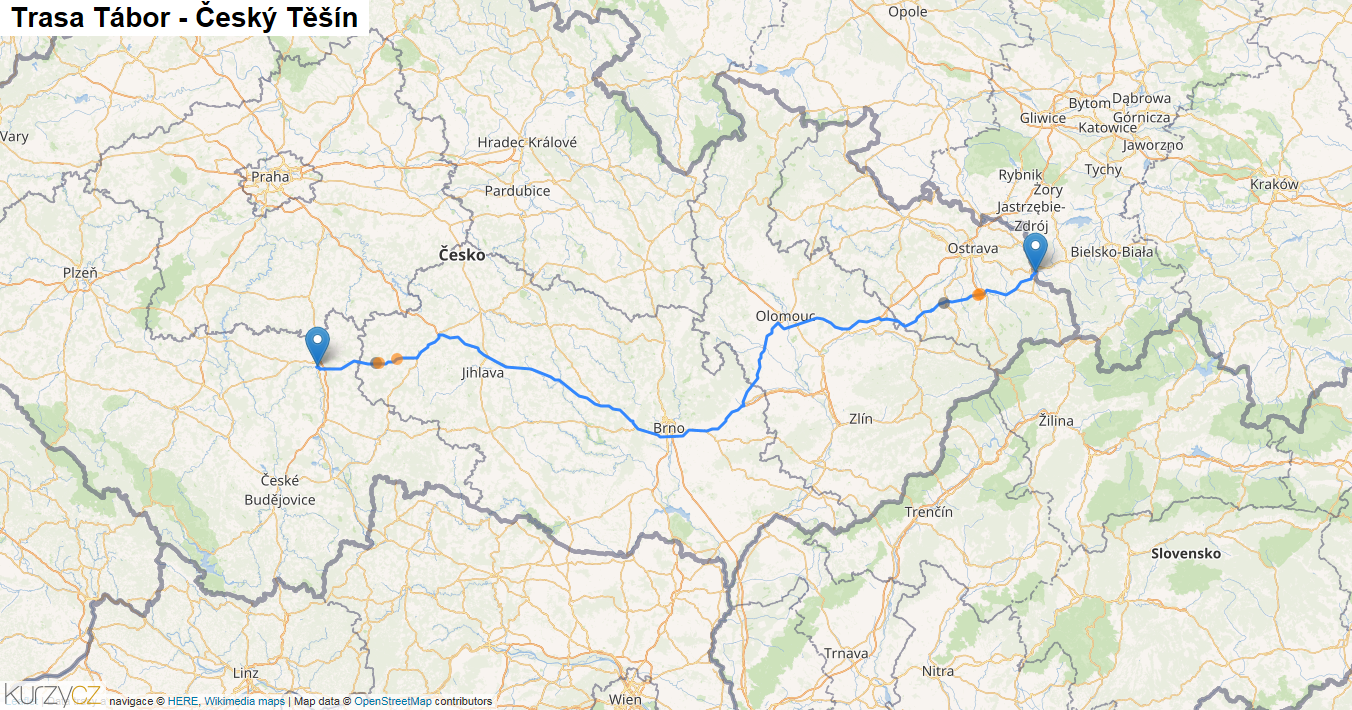 Tábor-Český Těšín, mapa trasy
