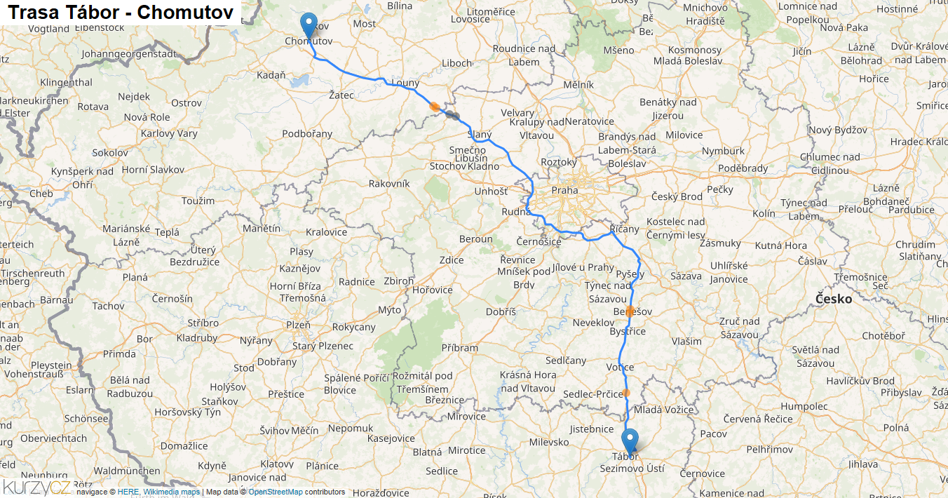 Tábor-Chomutov, mapa trasy