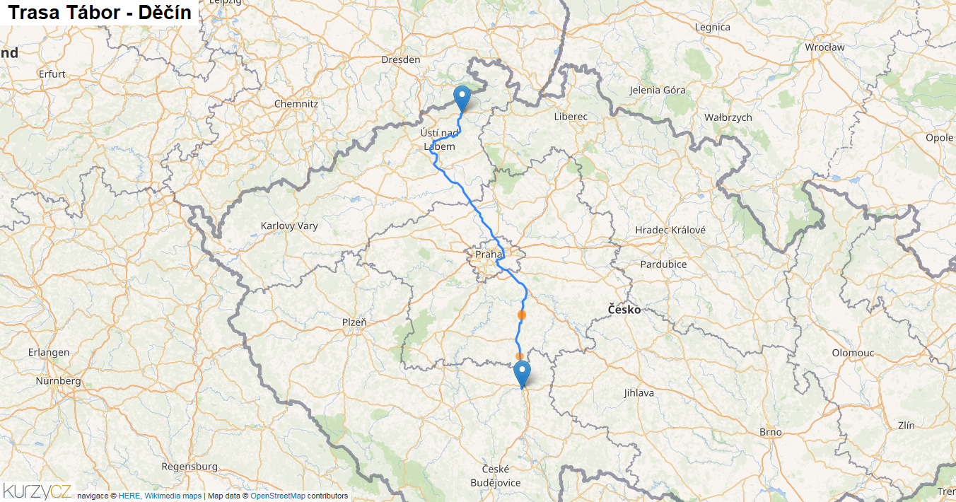 Tábor-Děčín, mapa trasy