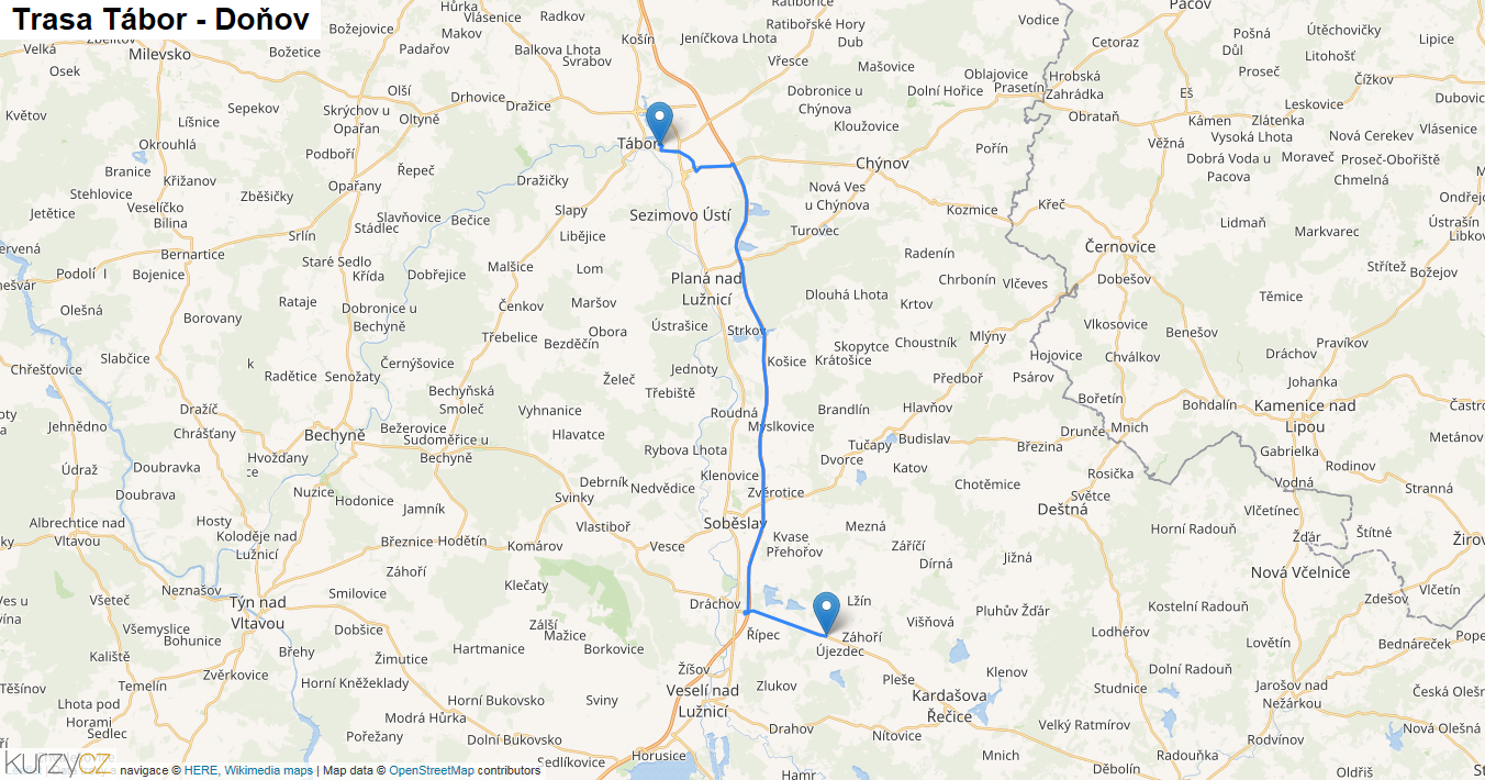 Tábor-Doňov, mapa trasy