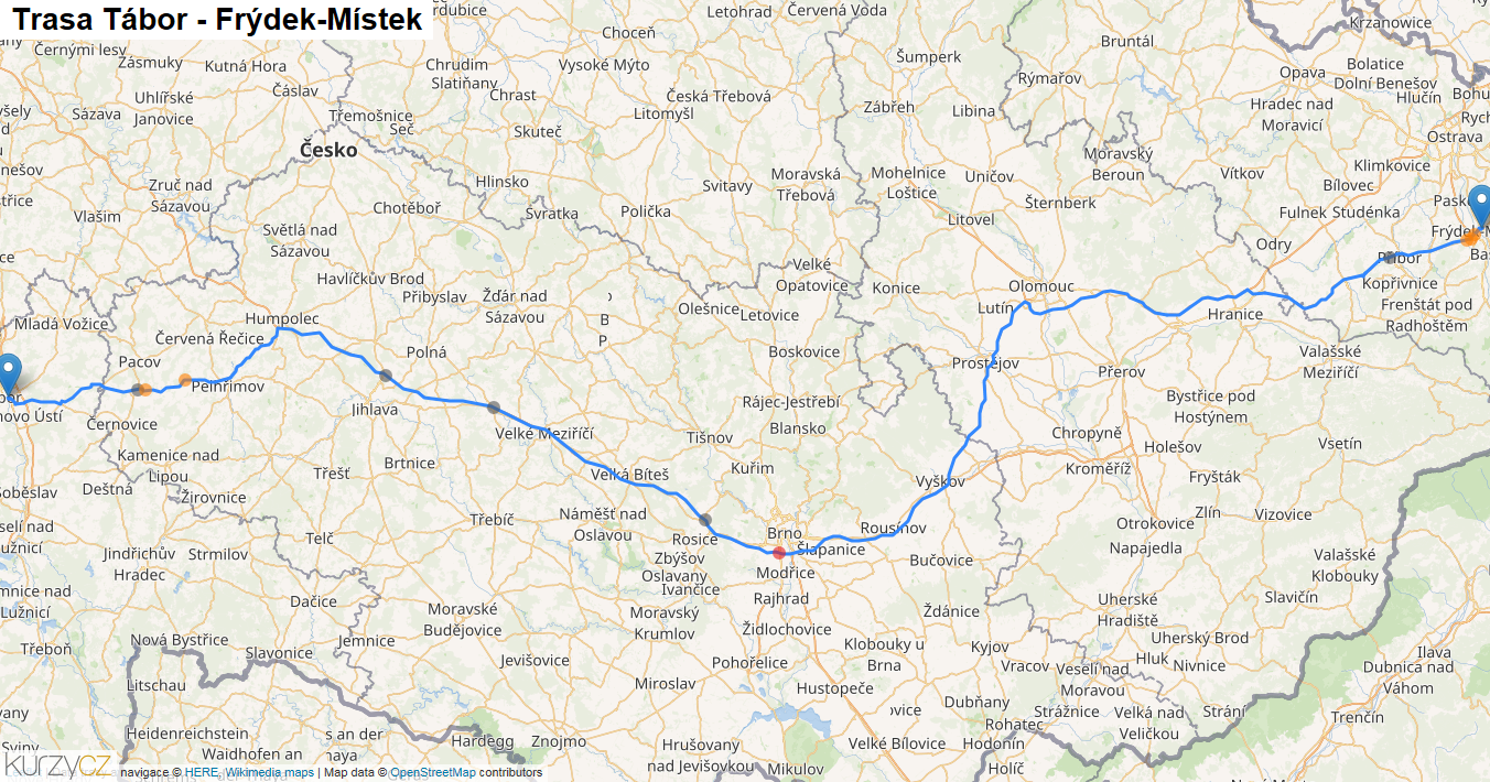 Tábor-Frýdek-Místek, mapa trasy