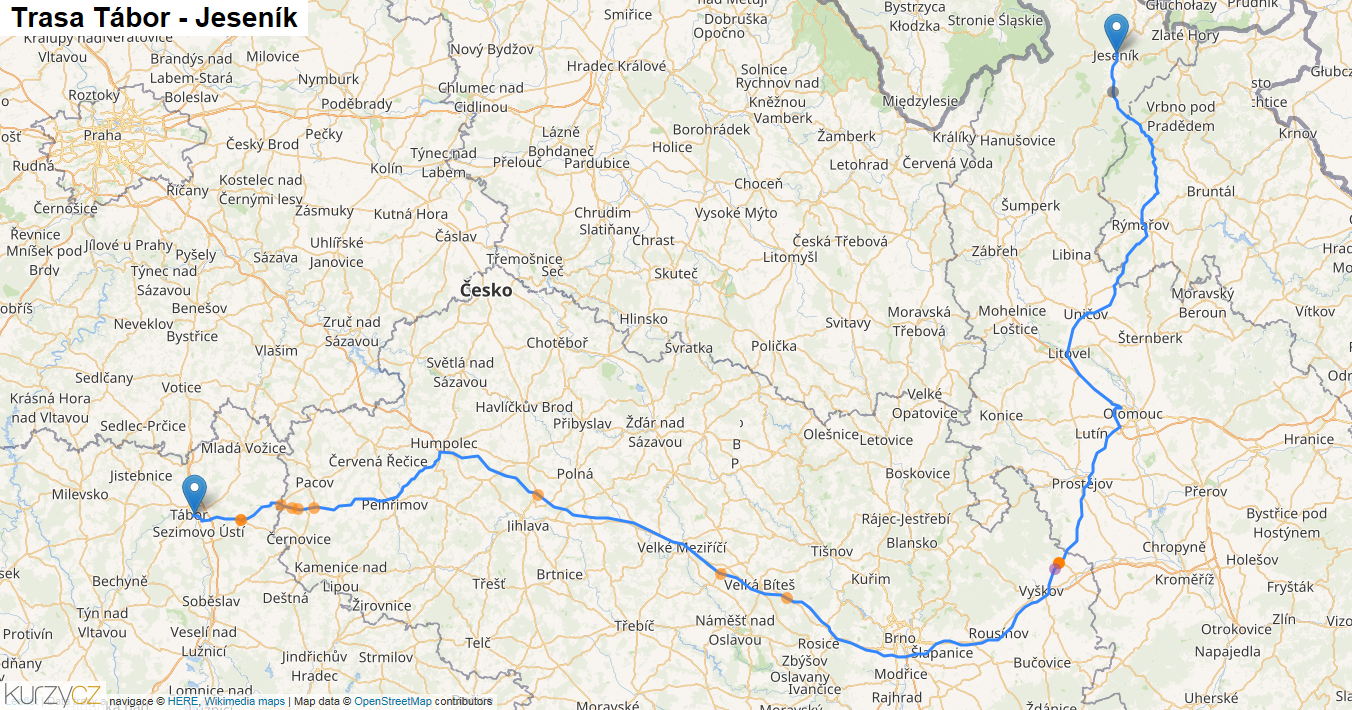 Tábor-Jeseník, mapa trasy