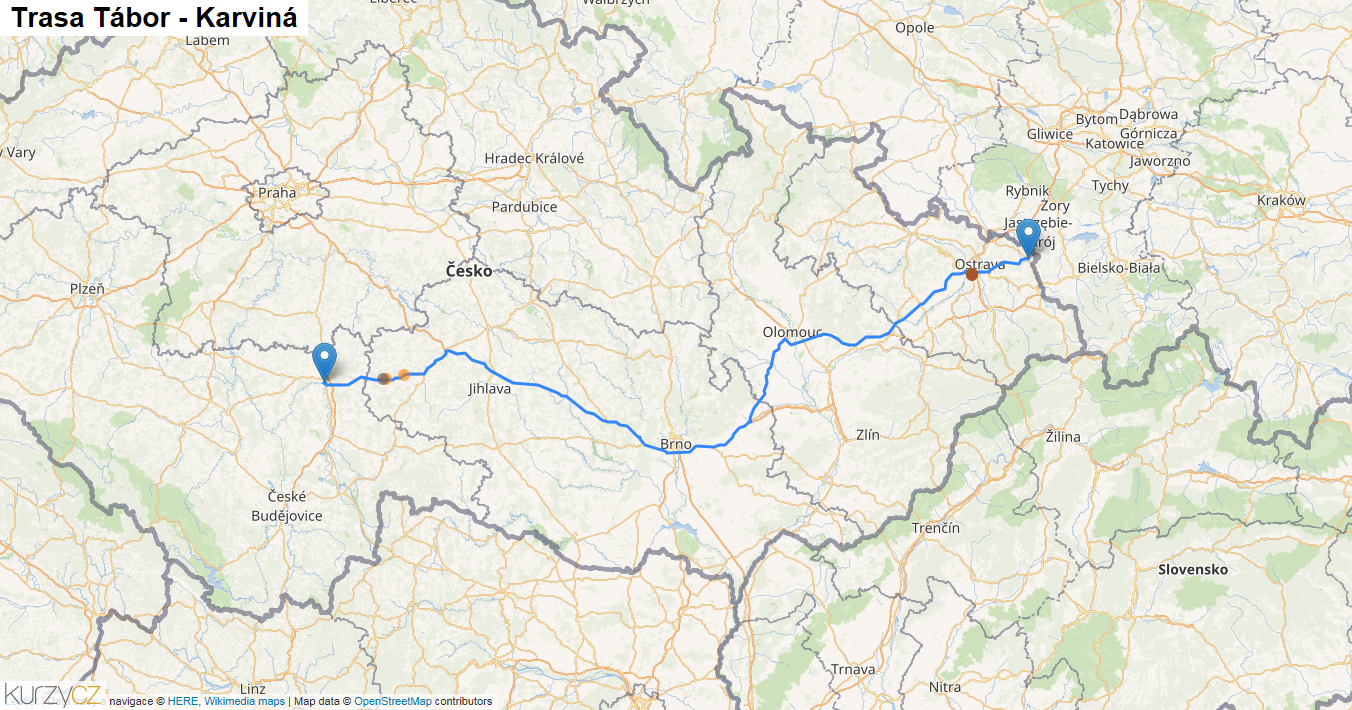 Tábor-Karviná, mapa trasy