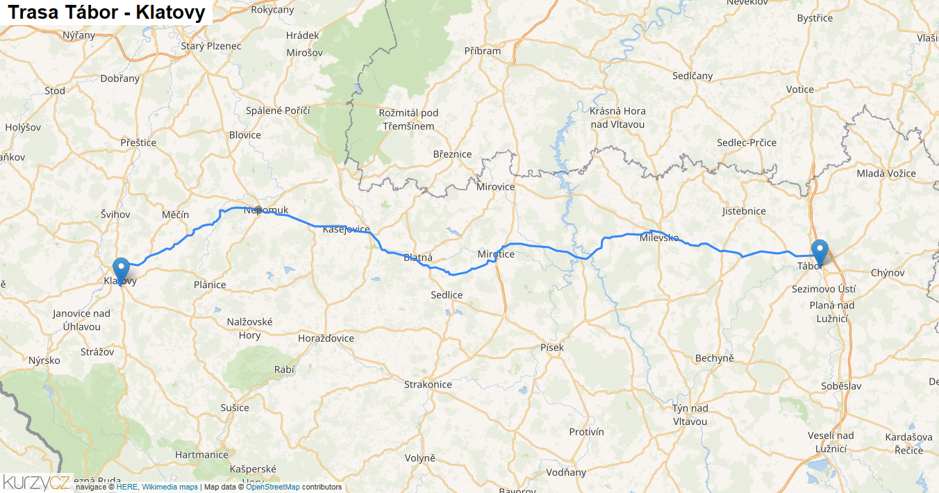 Tábor-Klatovy, mapa trasy