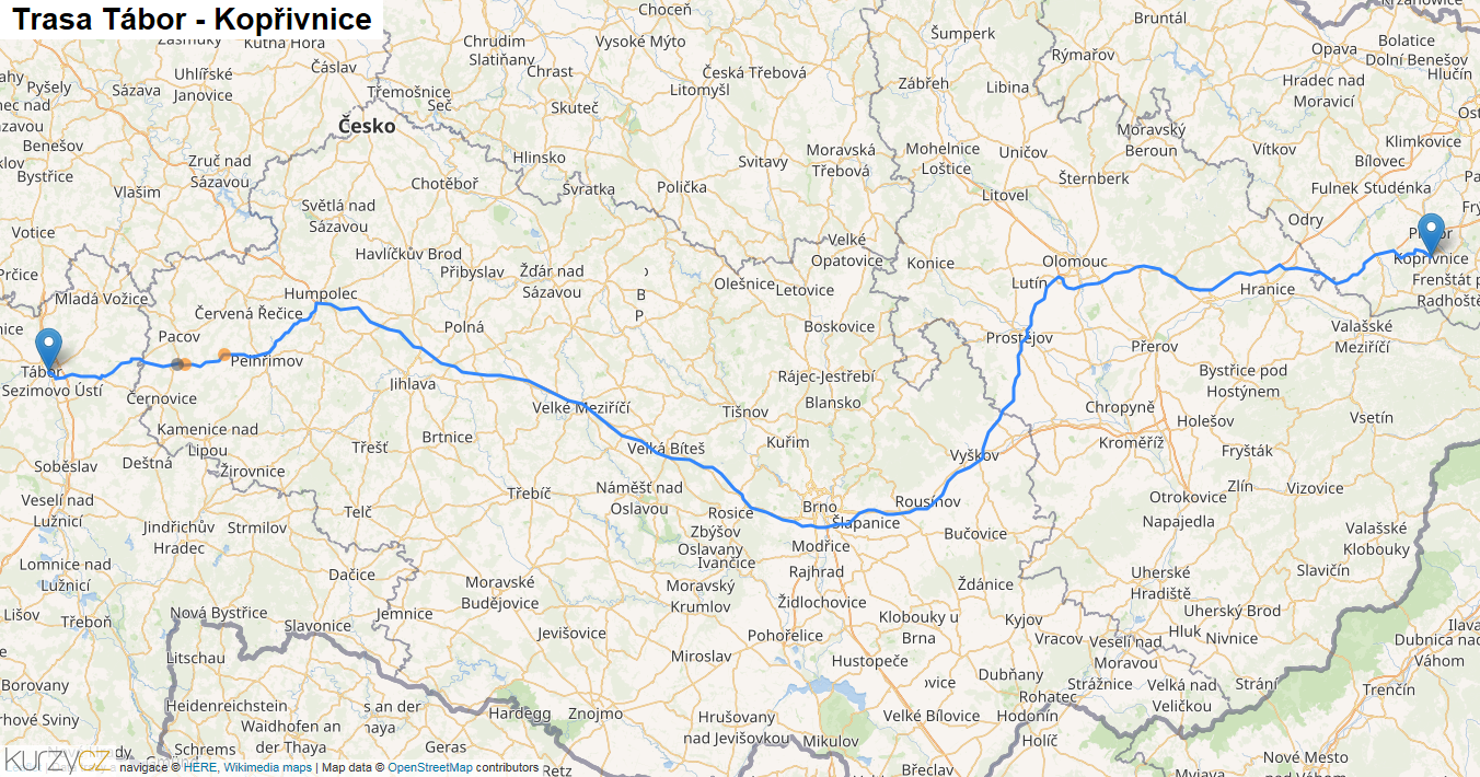 Tábor-Kopřivnice, mapa trasy