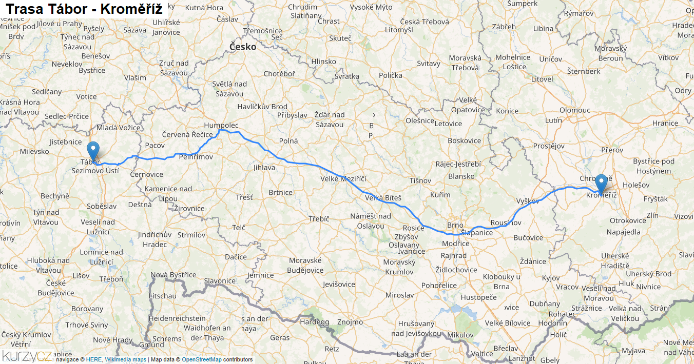 Tábor-Kroměříž, mapa trasy