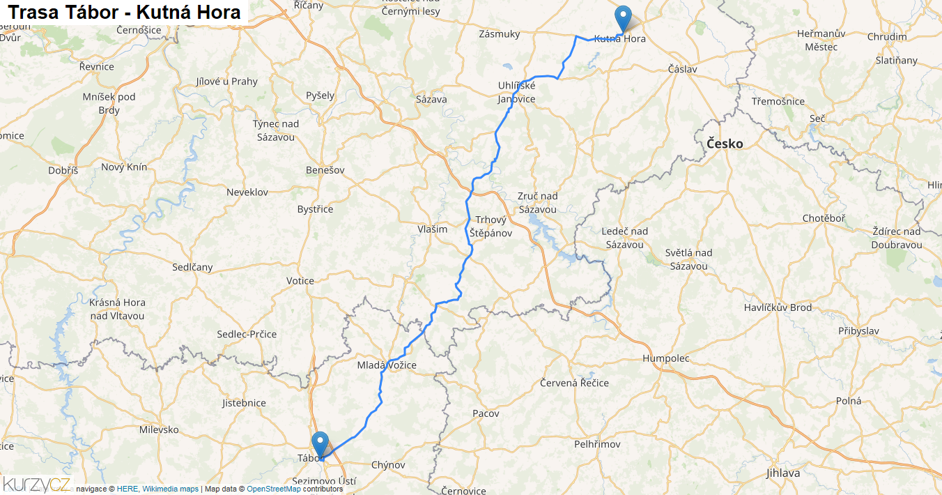 Tábor-Kutná Hora, mapa trasy