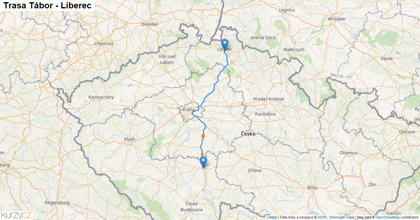 Tábor-Liberec, mapa trasy