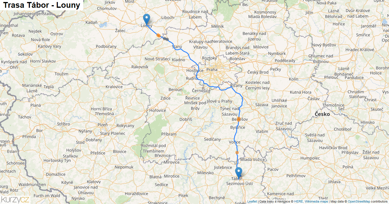 Tábor-Louny, mapa trasy