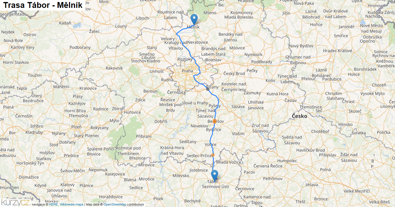 Tábor-Mělník, mapa trasy