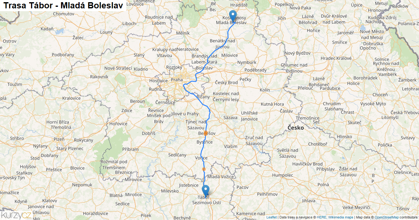 Tábor-Mladá Boleslav, mapa trasy