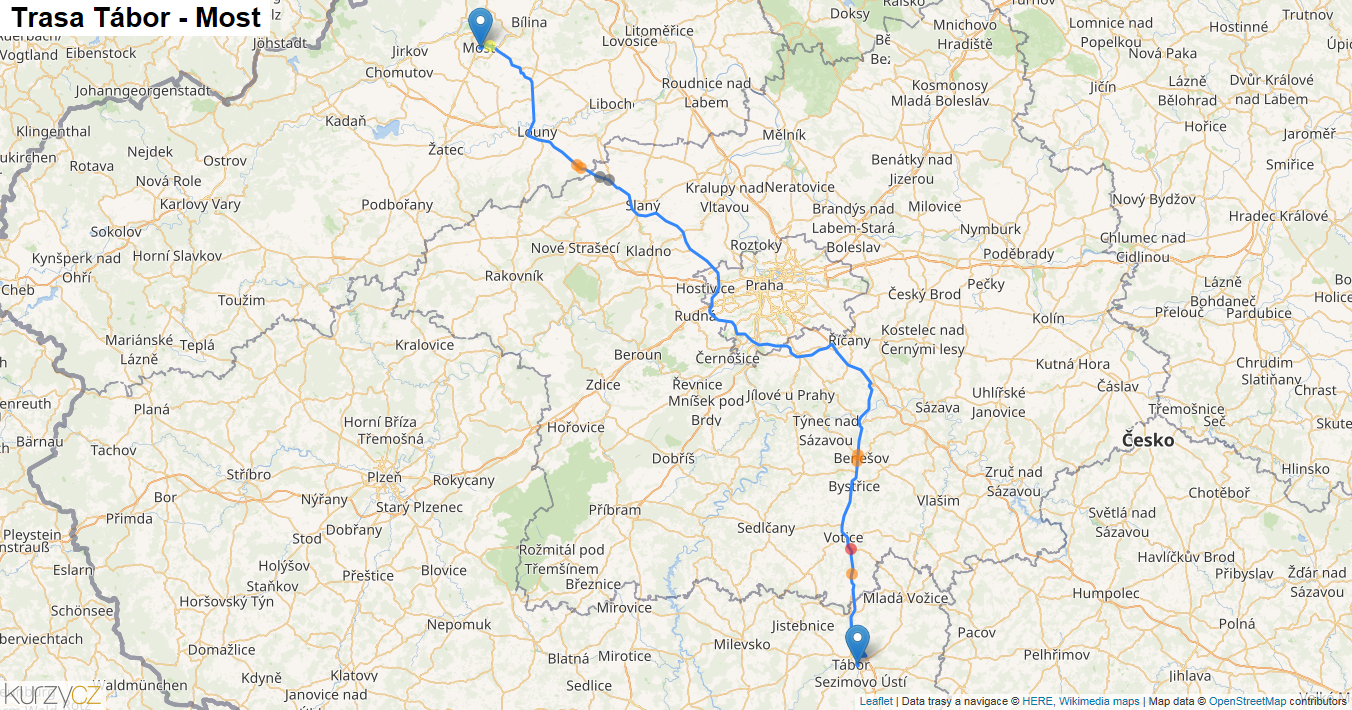 Tábor-Most, mapa trasy