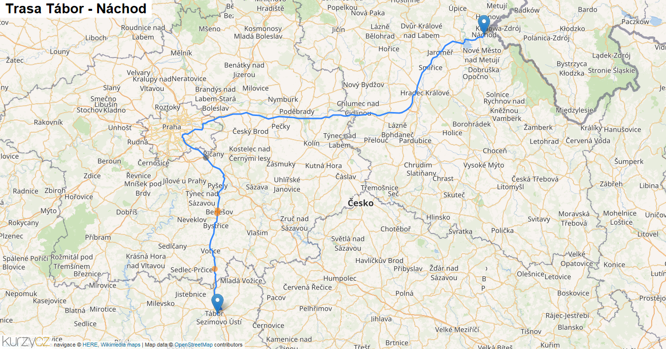 Tábor-Náchod, mapa trasy
