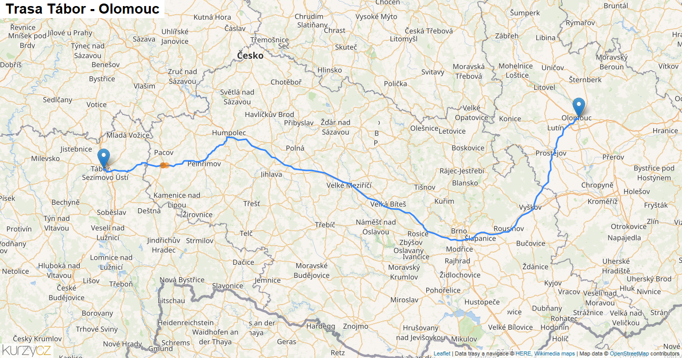 Tábor-Olomouc, mapa trasy